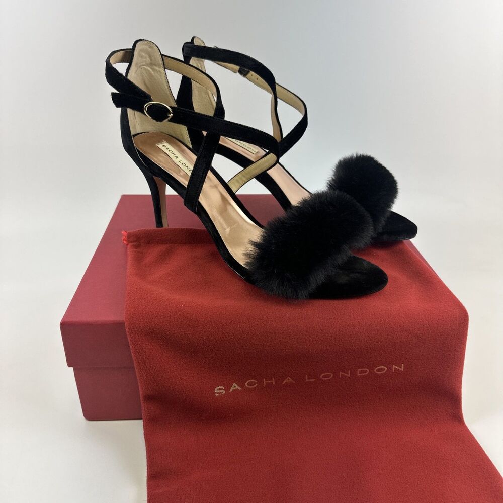 Sasha London Kelian Kitten Heels Black Velvet Fur Ankle Strap Glam Sexy Feminine